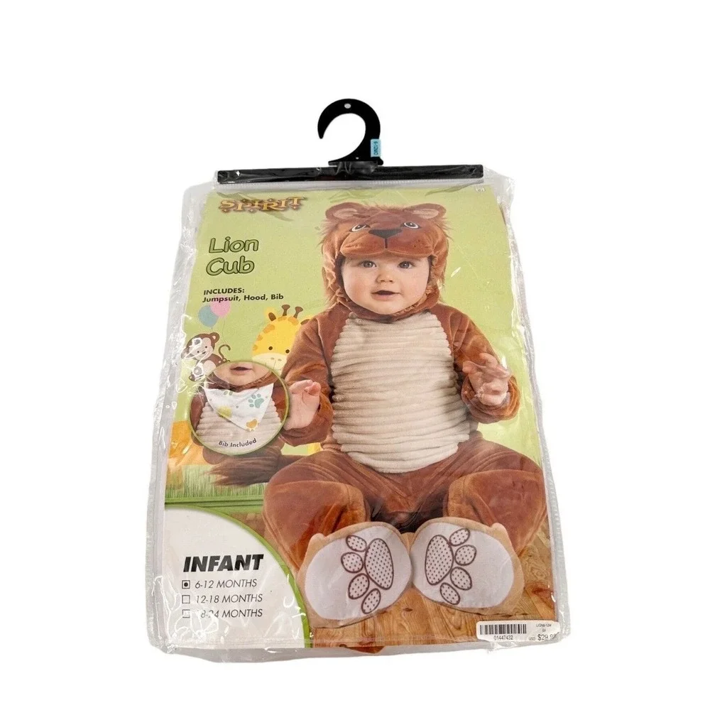 Spirit Halloween Baby Lion Costume Jumpsuit Hood Bib Brown 0-6 Months 01516632